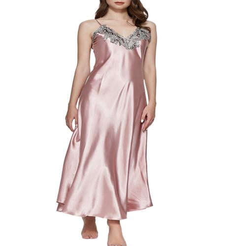 Asskyus Women's Satin Nightdress - Lace Trim, Adjustable Straps, Backless Sleepwear