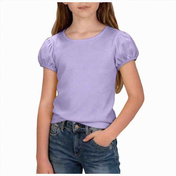 enyan Girls Puff Short Sleeve Shirts Summer Ribbed Knit Crewneck T Shirt Tops Tee Blouse Purple,3-4 Years