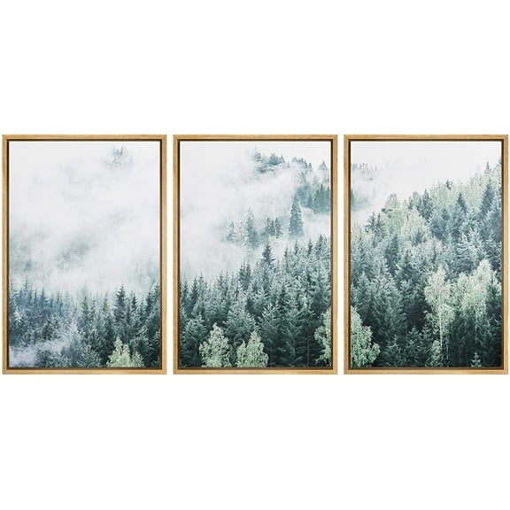 wall26 Framed Canvas Print Wall Art Set Film Grain Aerial View of Misty Forest Nature Wilderness Modern Art Rustic Landscape Relax/Calm Cool for Living Room, Bedroom, Office - 16"x24"x3 Nat
