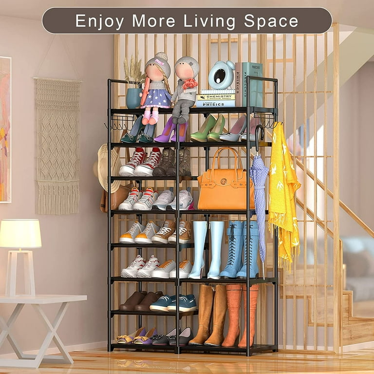 7 Tiers Shoe Rack Metal Shoe Organizer for Entryway Closet, 24-28 Pairs Stackable Shoe and Boots Shelf Storage Cabinet with Hooks and Side Hanging