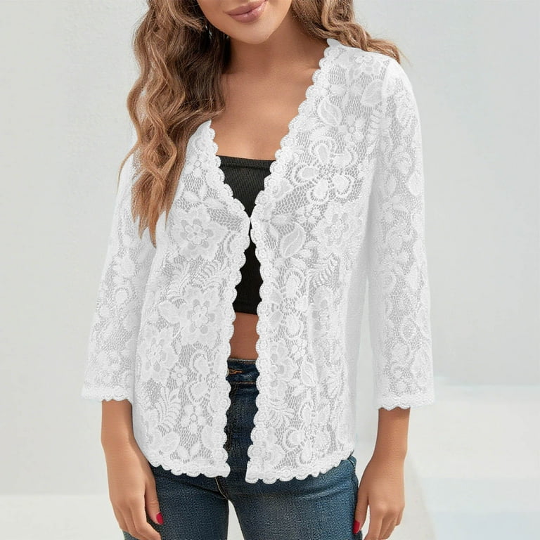 トップス Kiki lace cardigan set tops color white Lace Cardigan for Women 3/4 Sleeve Hollow out Lace Neckline Plus