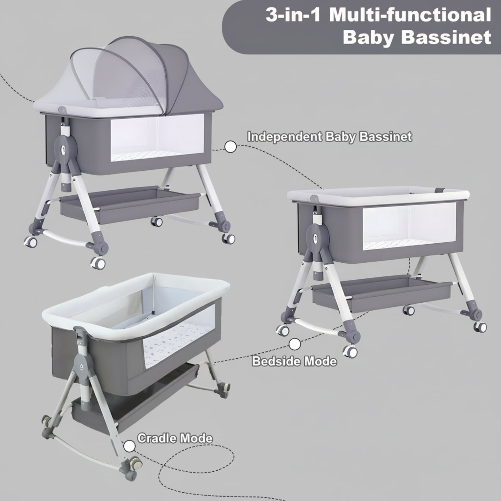 JUANYU Multifunctional Bedside Cradle with Adjustable Height ,Two-in-One Mosquito Net Design for Baby Safety and Comfort, Gray
