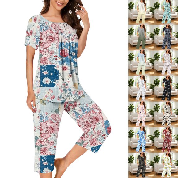 Smsaxvxz Women's Summer Floral Printed Pajamas Set 2 Piece Fashion Button V Neck T-shirt Tops and Capri Pants Sleepwear Set Gray M