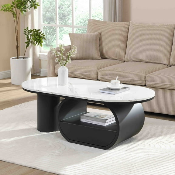 Luxury Modern Oval Coffee Table 47.24'' Coffee Table with Storage Drawer Faux Marble Top Black Metal Center Table for Living Room