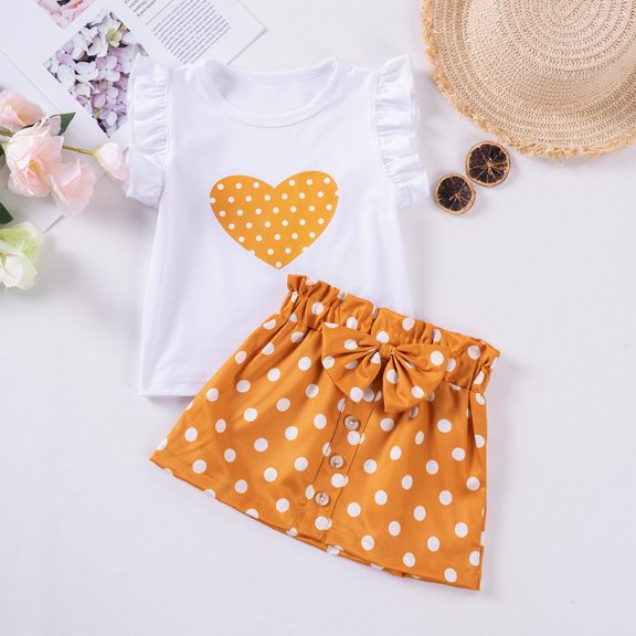NAISIBABY Girl's Outfits 2-Piece, Graphic Sleeve Tees and Polka Dot Bowknot Shorts Summer Fashion Cute Sets Yellow 1-2T