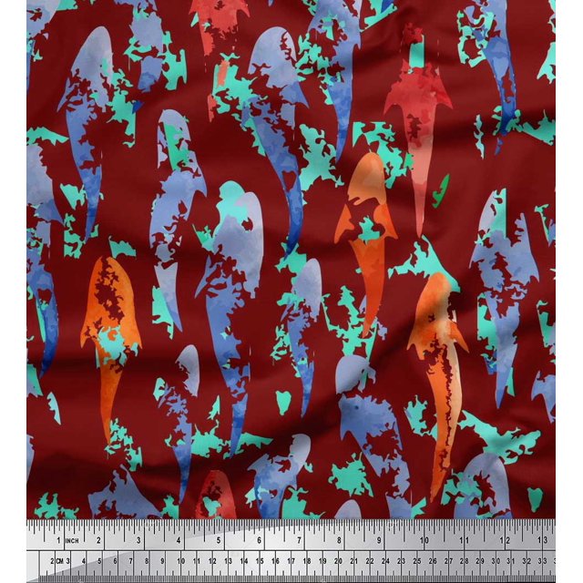 Soimoi Red Rayon Crepe Fabric Fish Ocean Print Fabric by Yard 46 Inch Wide