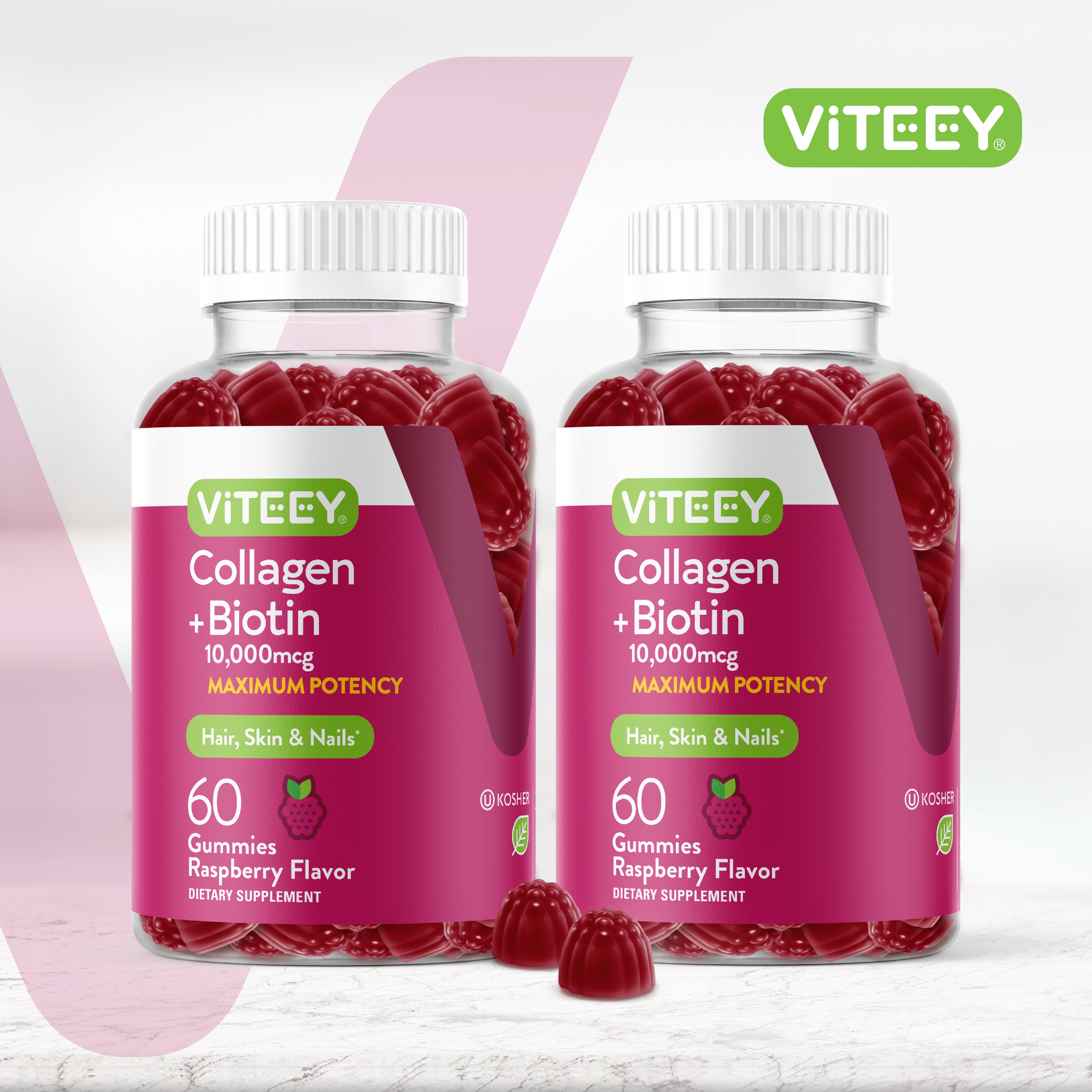 VITEEY Collagen and Biotin Gummies, Hair Skin and Nails, Raspberry Flavor, 60 Count, 2 Pack