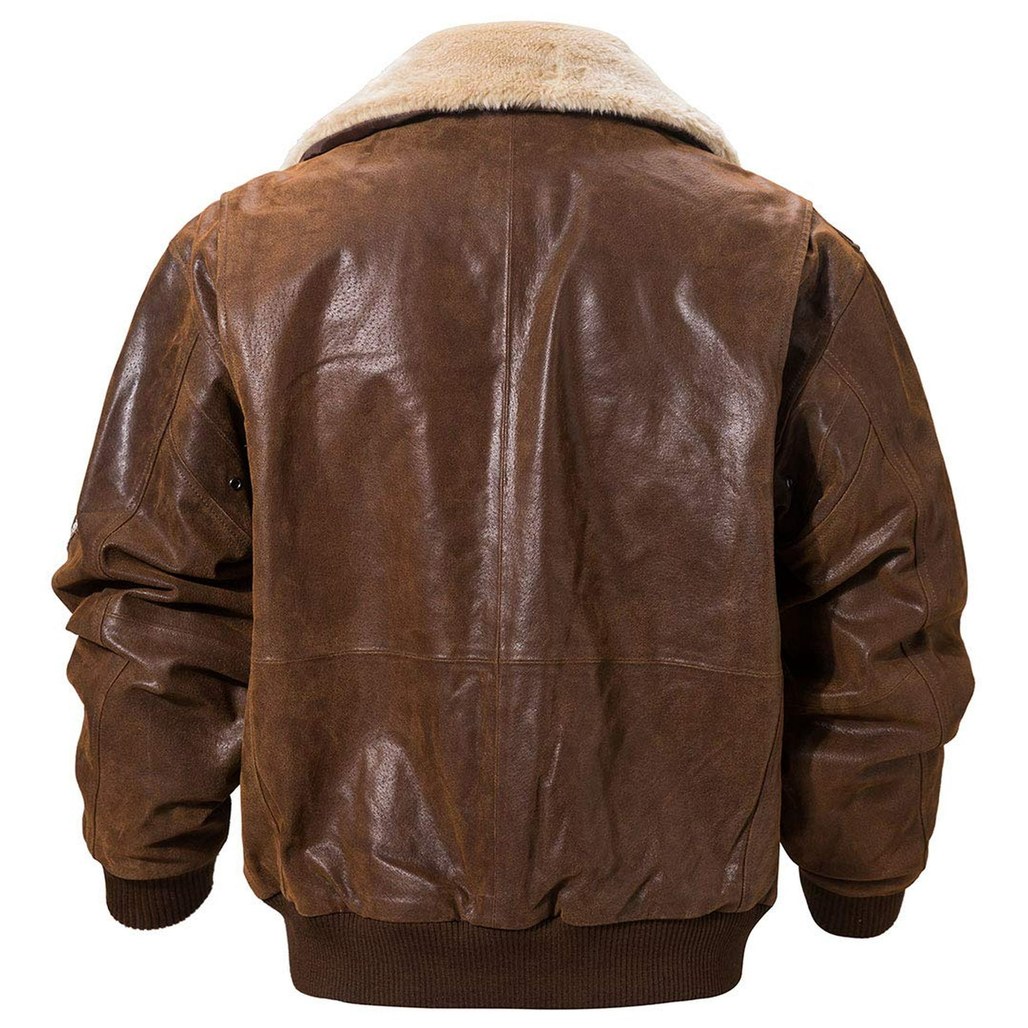 FLAVOR Men's Real Leather Bomber Jacket with Removable Collar Aviator (XL, Brown)