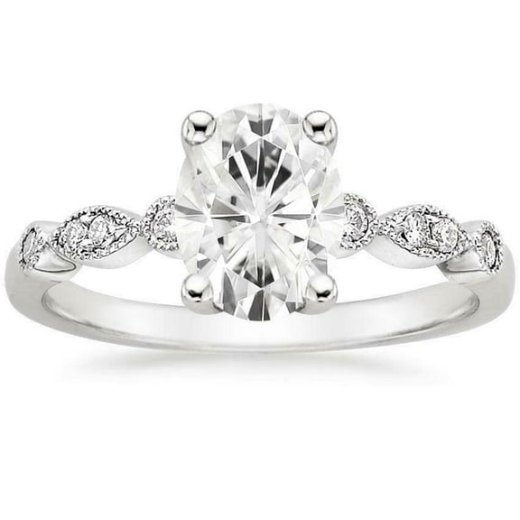 HeartsAndYou 3ct Oval Moissanite Engagement Ring for Women 18k White Gold over Silver Vintage Inspired Accent Solitaire