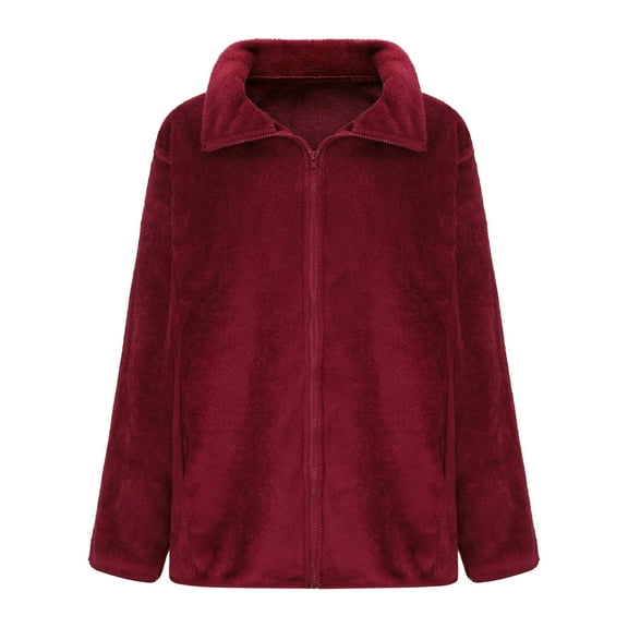 Jgppe Womens Fleece Jacket Warm Long Sleeve Zip up Stand Collar Plus Size Solid Color Loose Coat