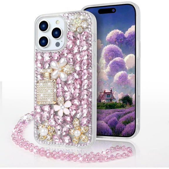 Compatible with iPhone 15 Bling Case with Lanyard Strap Luxury 3D Diamond Crystal Rhinestone for Women Girls Glitter Sparkle Case Shiny Gemstone Perfume Bottle and Flower Cover, Purple