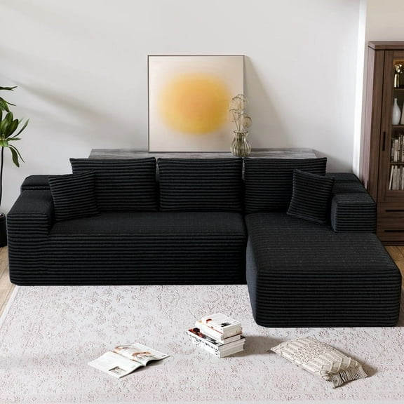 TOPCOMFY 104" Modern L-Shaped Sectional Sofa with Left Chaise Lounge,Flannel Velvet Upholstered Sectional Couch, Deep Seating & 2 Pillows,Black