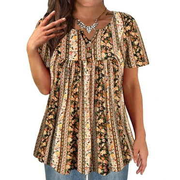 TIYOMI Women's Plus Size Tops 3X Shirts Yellow Floral Tunic Tops Babydoll Flower Pullover Loose Fit Blouses Spring Summer Tunics 3XL 22W 24W