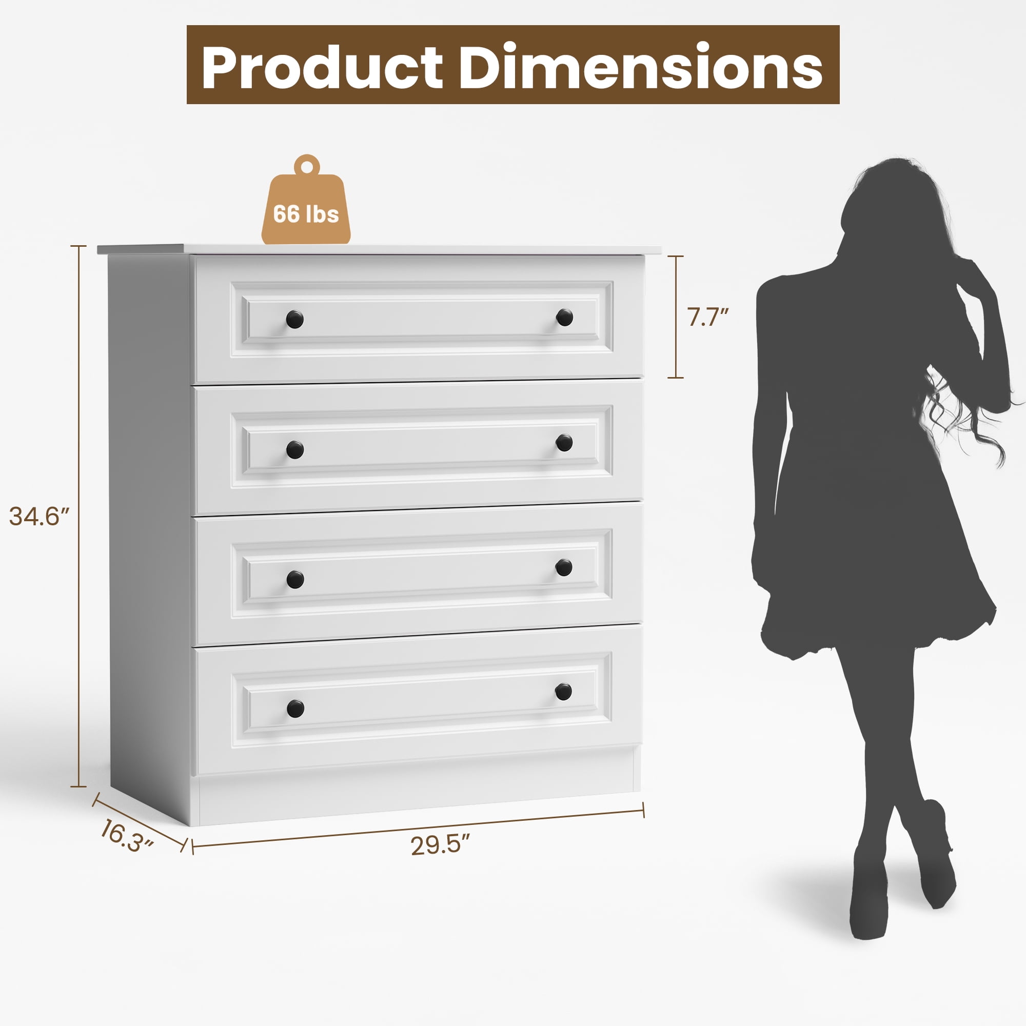 IDEALSOUL Dresser, White Dresser Tall dresser with Large Storage Space, 4 Drawer Dresser for Bedroom, Hallway, Entryway