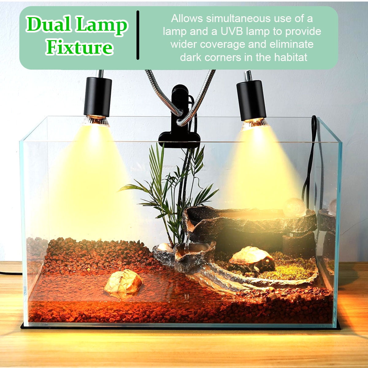 Reptile Heat Lamp with Dual UVA UVB, 360° Dimmable Heating Light for Turtle Tank, Bearded Dragon, Lizard, Snake and Other Reptiles,with 2 bulbs