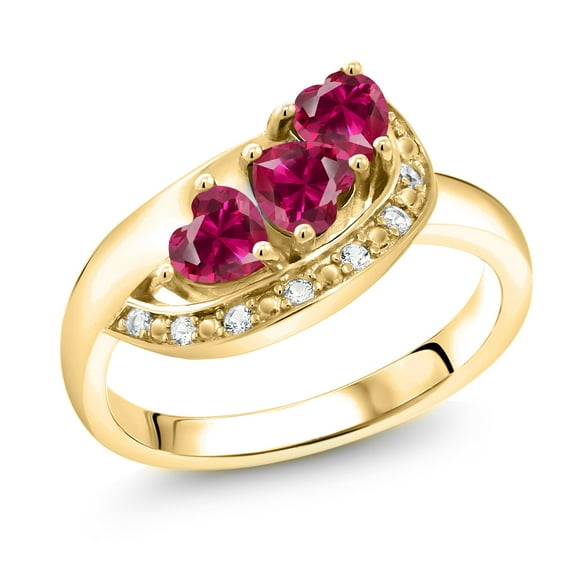 Gem Stone King 18K Yellow Gold Plated Silver Red Created Ruby and White Created Sapphire Engagement Ring for Women (0.96 Cttw, Gemstone July Birthstone, Heart Shape 4MM, Size 5)