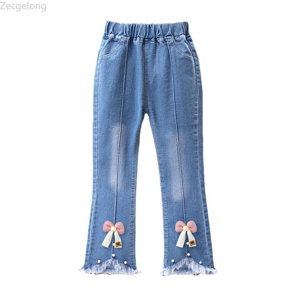 Zecgelong Girls Pearl Bow Embroidered Jeans Wide Leg Flare Denim Pants With Elastic Waist For Toddler Kids Girls Jeans Size Blue 2-3 Years