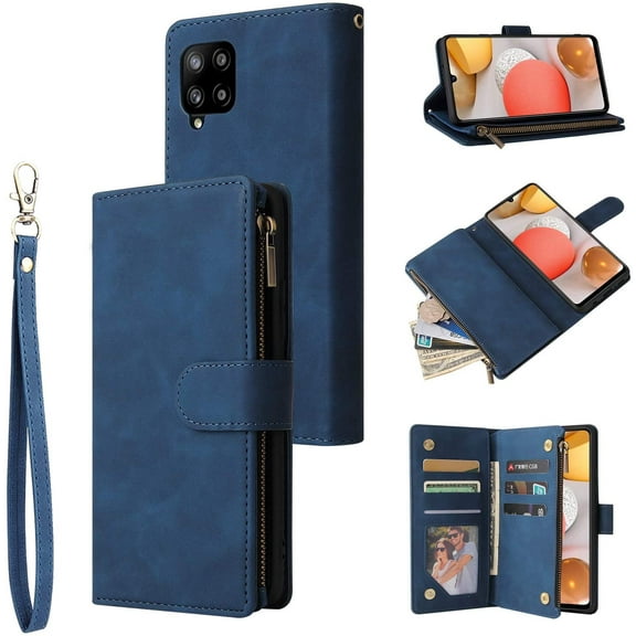 Wallet Case for Samsung Galaxy A12 5G/M12 5G, Premium Vintage PUMagnetic Closure Handbag Zipper Pocket Case Kickstand Card Holder Slots with Wrist Strap TPU Shockproof Flip Cover - Blue
