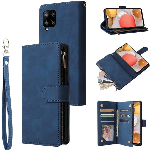 UEEBAI Wallet Case for Samsung Galaxy A21S, Premium Vintage PU Leather Magnetic Closure Handbag Zipper Pocket Case
