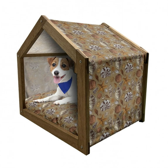 Ocean Pet House, Underwater Starfish Shell Mollusk Seaurchin Sea Horse Pearl Illustration, Outdoor & Indoor Portable Dog Kennel with Pillow and Cover, 5 Sizes, Ginger Cinnamon Cocoa, by Ambesonne
