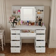 OXYLIFE Vanity Desk with Mirror and Lights, Makeup Dressing Table with 9 Drawer for Bedroom
