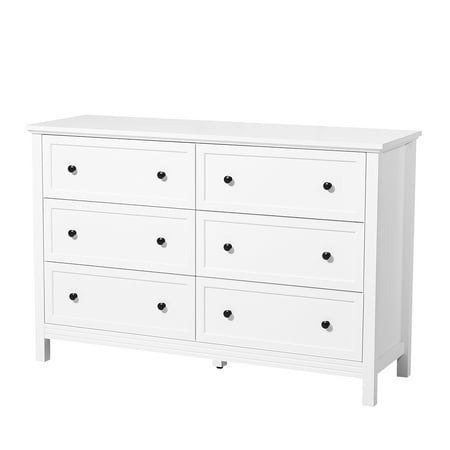 KFFKFF 6-Drawer Wooden Dresser with Sliding Mechanism and Anti-Tip Design Retro Minimalist Chest for Storage and TV Stand Ideal for Living Room Bedroom Hallway Entryway White