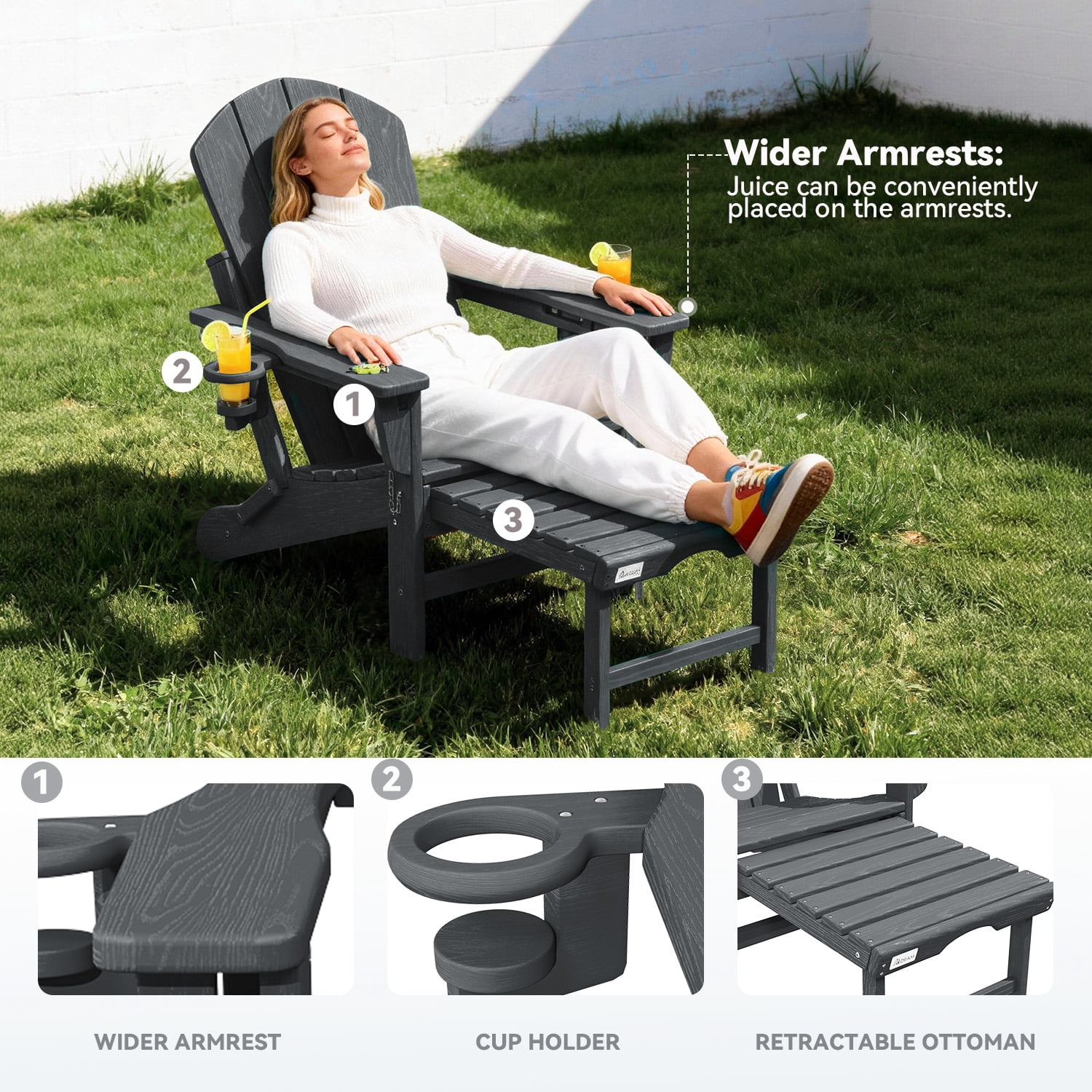Erinnyees 3-Level Adjustable Adirondack Chair with Retractable Ottoman, HDPE All-Weather Folding Fire Pit Chair with 2 Cup Holders, Outdoor Chair for Garden