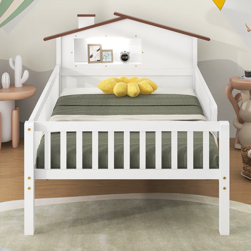 Bellemave Twin Bed with House-Shaped Headboard and Guardrail, Wood Platform Bed Frame Built-in Storage and LED Light, Twin Size Bed No Box Spring Needed (White)