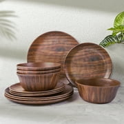 TP 12-Piece Dinnerware Set, Melamine Dishes Set with Bowls and Plates, Dinner Service for 4, Dishwasher Safe, Wood Grain