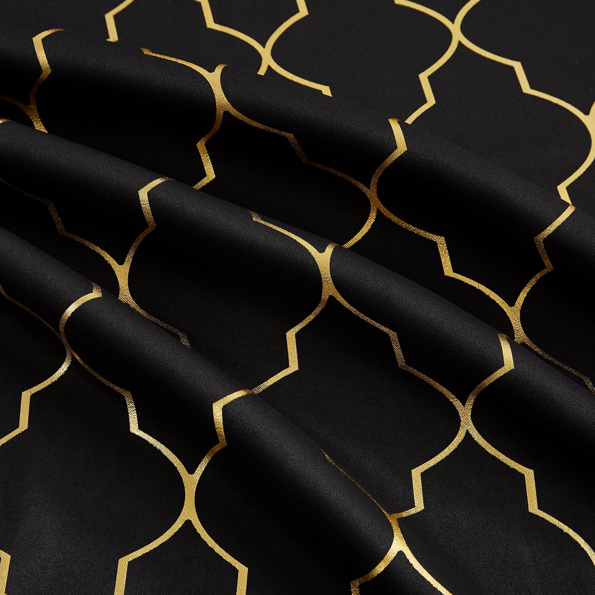 Bohogeo Full Blackout Window Curtain Panels for Bedroom,Black Modern Room Darkening Drapes with Gold Geo Metallic Moroccan Pattern Printed,Grommet Window Treatment,52" Wx84 L(Pack of 2),Black/Gold