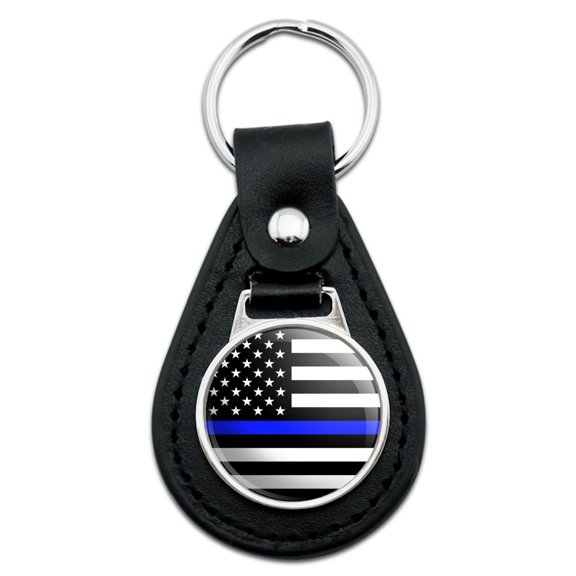 Thin Blue Line American Flag Black Leather Keychain