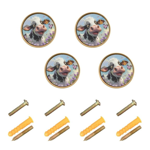 Kitchen Cabinet Knobs Cabinet Handles 1.25 inch Diameter Zinc Alloy Cute Cow with Butterfly 4 Pack