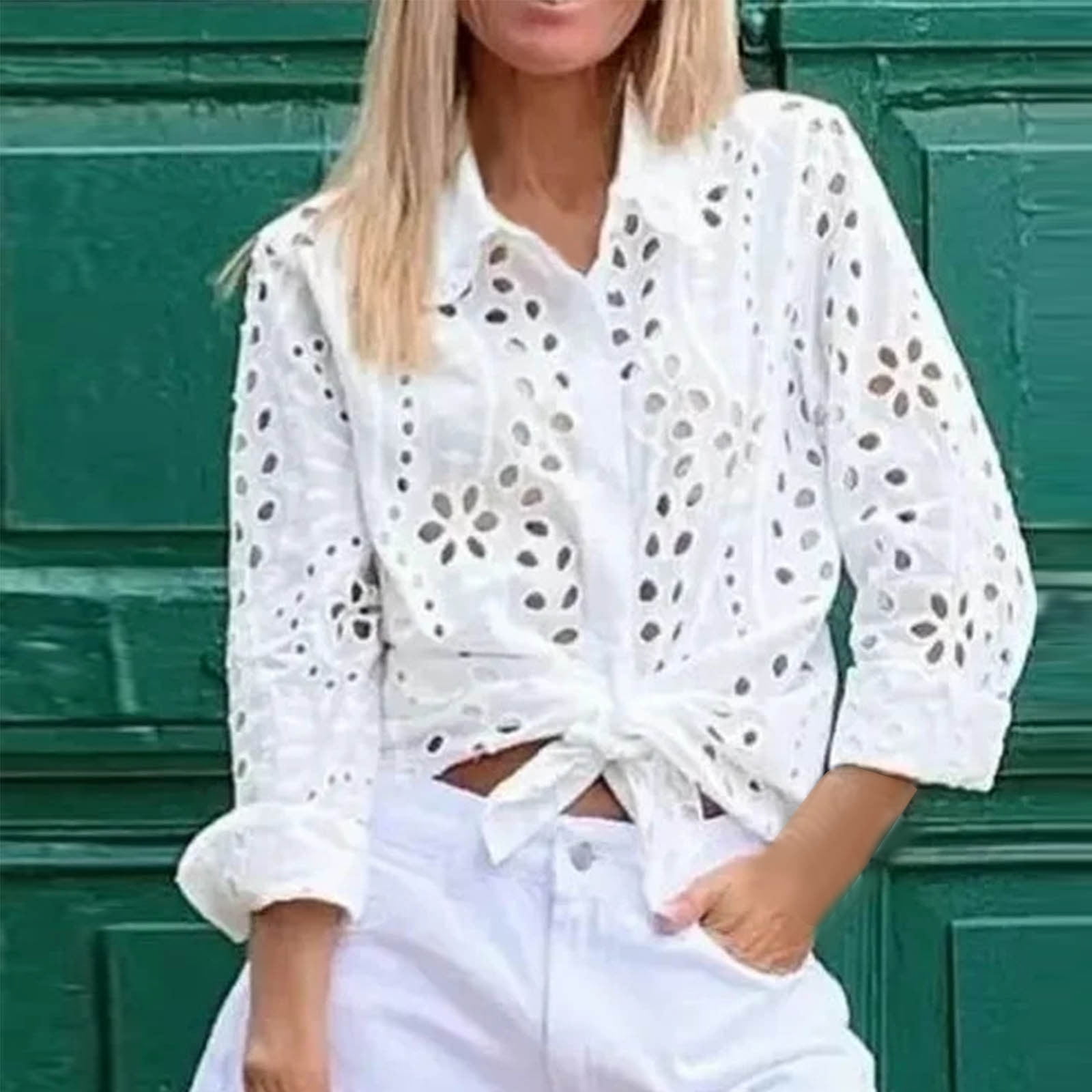 APEXFWDT Women's Button Down Lace Shirts Casual Hollow Out