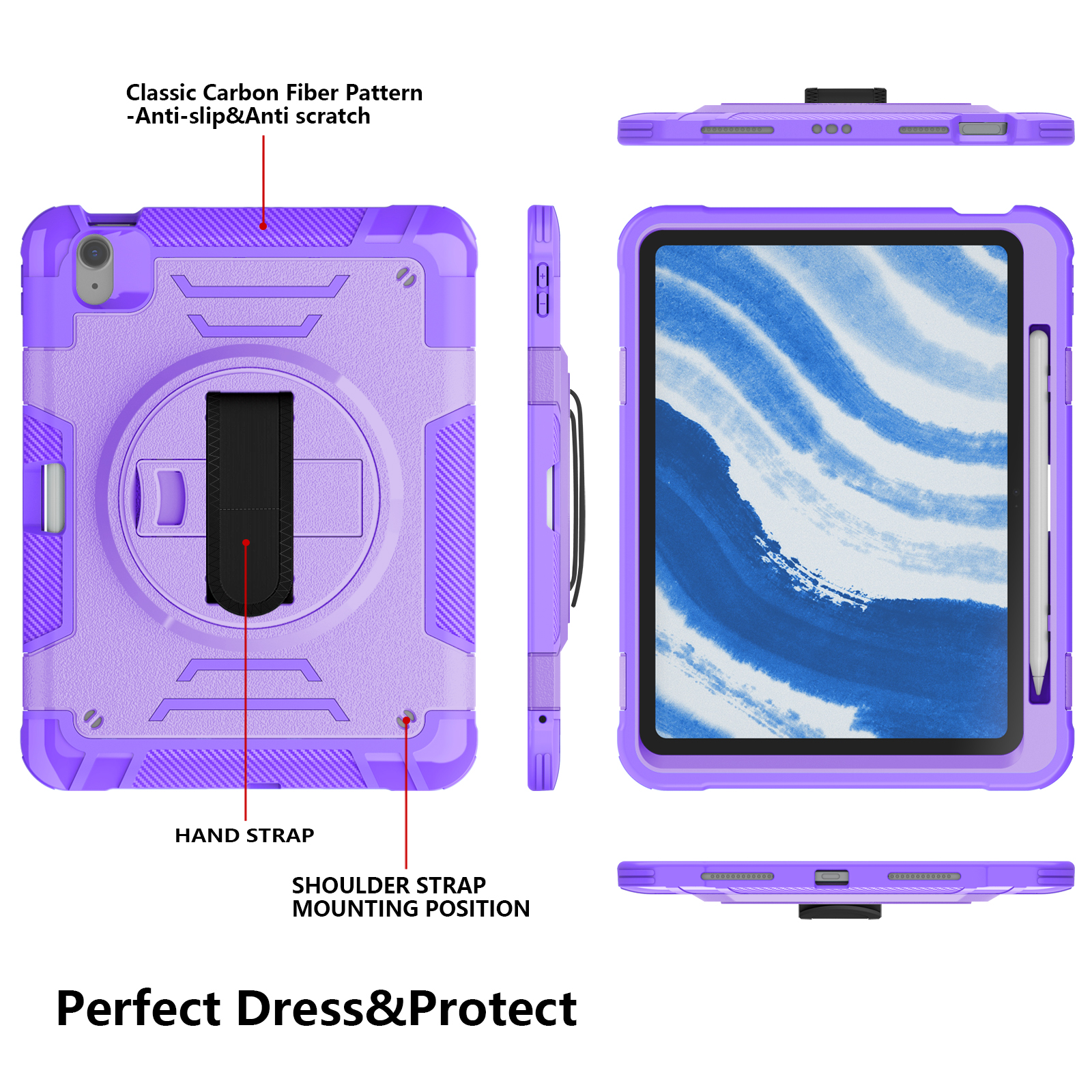 Case for Apple iPad Air 11 Inch 2026/2025/2024 M4 M3 M2, with Pencil Holder Military Grade Protection Rotating Stand Hand Strap Shoulder Strap Bumper Rugged Case for iPad Air 11",Purple