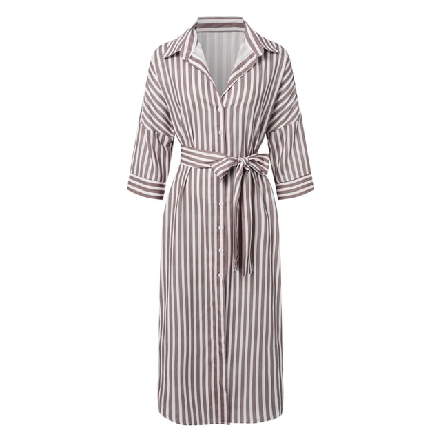 XDZJLR Robes pour Femmes Mode Classique Rayée Bouton Col en V Mi-Longue Chemise Jupe