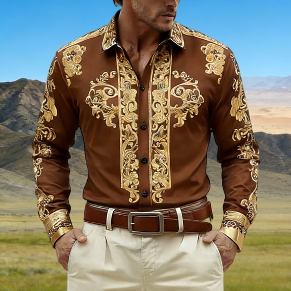 Western Cowboy Dress Shirts for Men Carnival Long Sleeve Button Down Lapel Top Casual Stylish Comfortable Mens Shirt Brown XXL