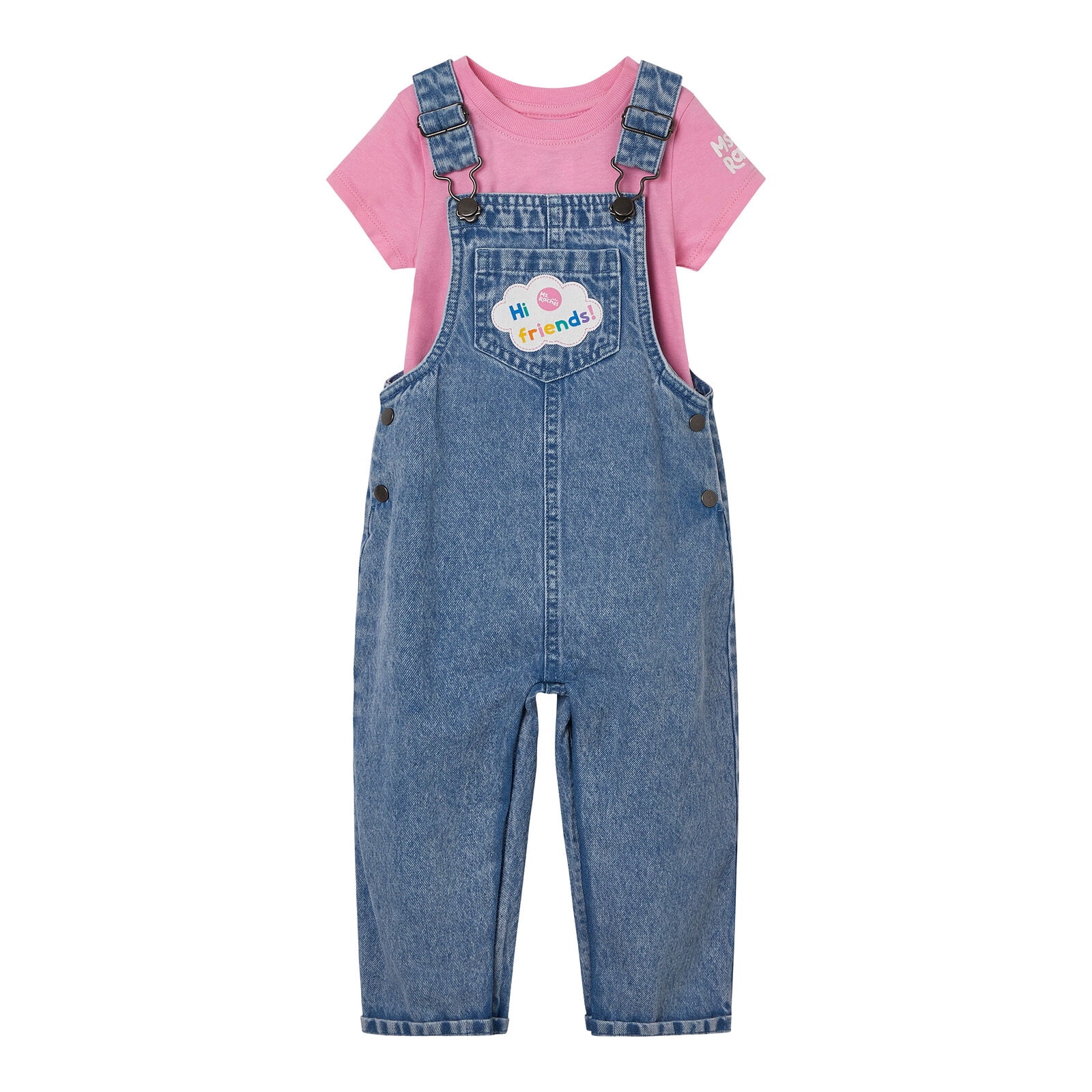Ms. Rachel Denim Square Neck Vintage Wash Cosplay Overall, T-Shirt and Headband 3 Piece Outfit Set Infant to Toddler