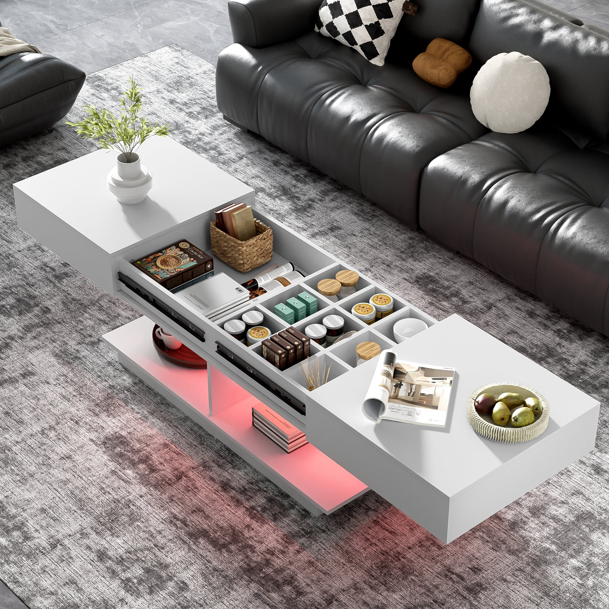 Euroco Modern Extendable LED Coffee Table with Storage and High-Gloss Finish