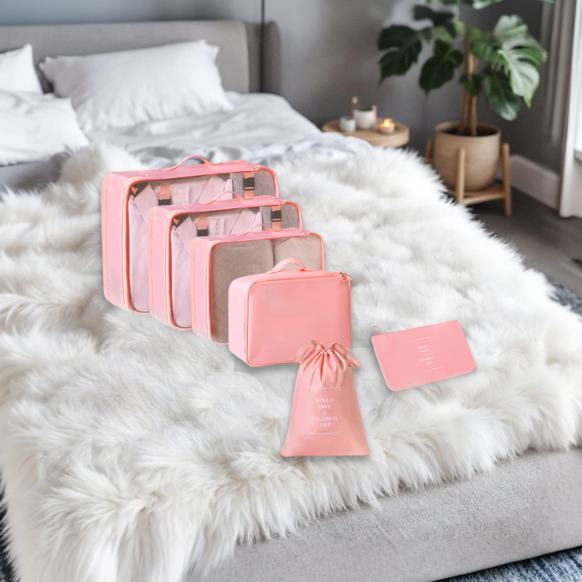 Unique Bargains Portable Packing Cube Set with 6 Different Sized Bags Pink