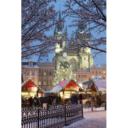Mosaic Church Christmas Market Snow-Covered Christmas Market and Tyn Church, Old Town Square, Prague, Czech Republic, Europe Print Wall Art By Richard Nebesky ()