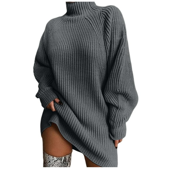 Women's Pullover Sweater Fashion Mid Length Raglan Sleeve Solid Color Turtleneck Sweater Dress for Stylish Casual Outfits and Seasonal Wear