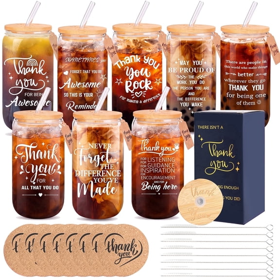 8 Set Employee Appreciation Gifts Glass Cups, Thank You Gifts for Staff Coworker, 16oz Can Shaped Beer Cups, Gift Box, Cards and Coaster for Team