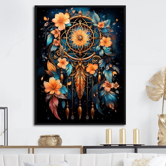 Designart "Twilight Whispers In Blue And Peach" Dream catcher Floater Framed Wall Art Living Room