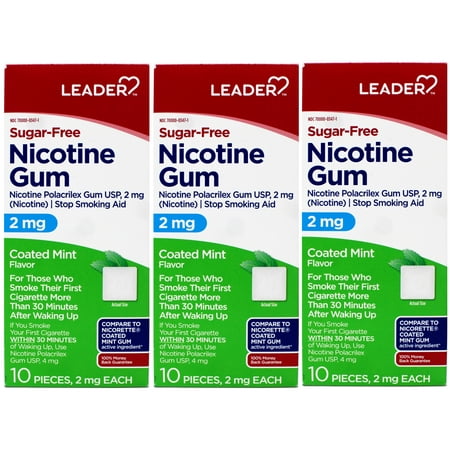 3 Pack - LEADER Nicotine Gum Stop Smoking Aid, 2 mg Nicotine, Sugar-Free, Coated Mint Flavor, 10 Count