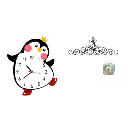 QSTDGVPW Cartoon Penguin Wooden Wall Clock Decorative Lovely Battery Powered Home Decoration for Bedroom Multifunctional Scroll Metal Wall Art Decor Plaque Floral for Patio Indoor Outdoor Porch