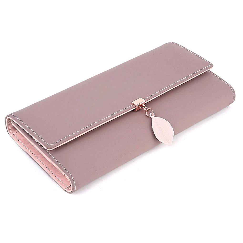 ruzhgo 3-Fold Long Wallet Women PU Leather Purses Leaf Pendant