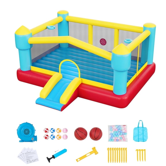 KFFKFF Inflatable Bounce House, 14.7 x 13.8 x 6.8 ft Bouncy Castle for Kids, Features Slide, Basketball Hoop, Target Game & Jumping Area, Suitable for 3-4 Children (Ages 3-8)