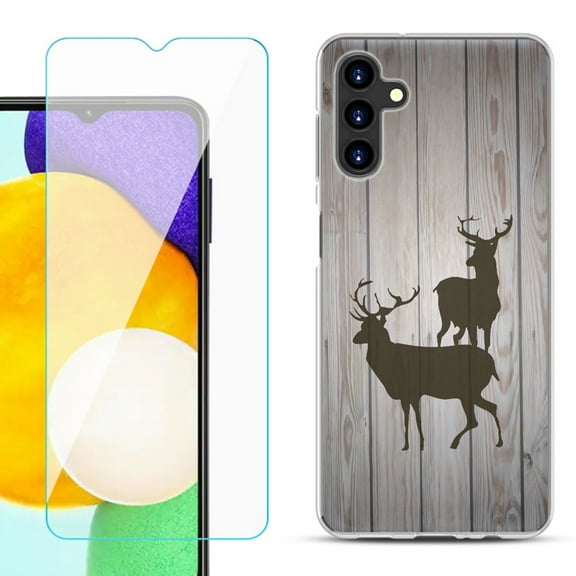 Slim-Fit TPU Fashion Phone Case for Samsung Galaxy A13 5G, with Tempered Glass Screen Protector, by OneToughShield ® - Wood/Deer