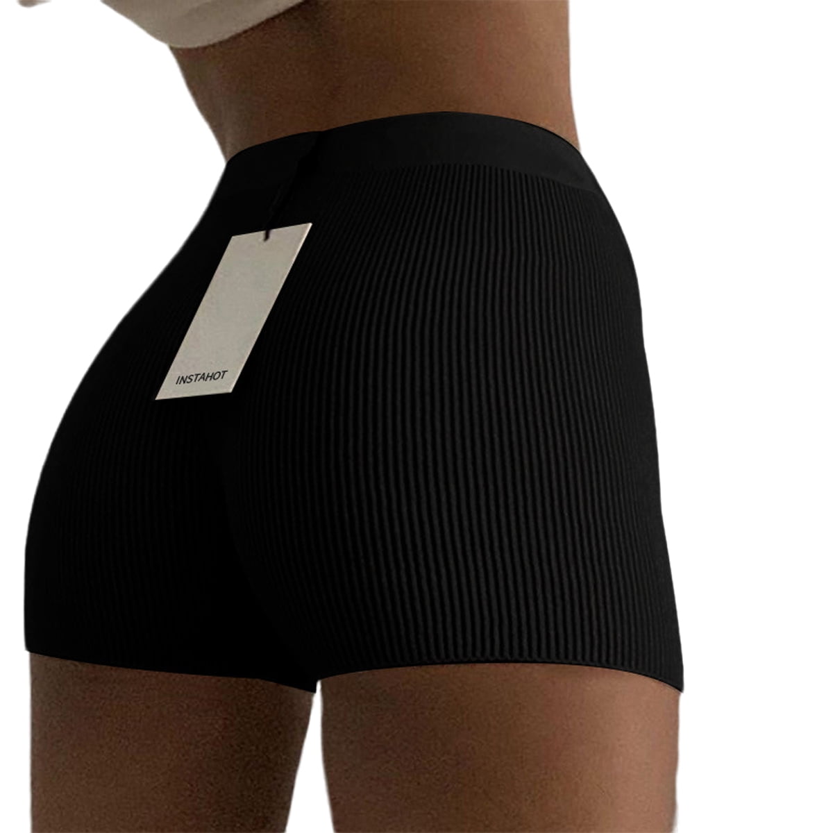 ITFABS Women Safety Short Pants Solid Color Ribbed Knit High Waist