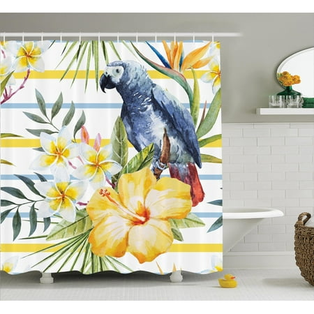 Exotic Shower Curtains Parrots Decor Shower Curtain Set, Tropical Exotic Pattern With Parrot Orchids And Hibiscus Flowers Hawaiian Jungle Style Image, Bathroom Accessories, 69W X 70L Inches, By Ambesonne ()